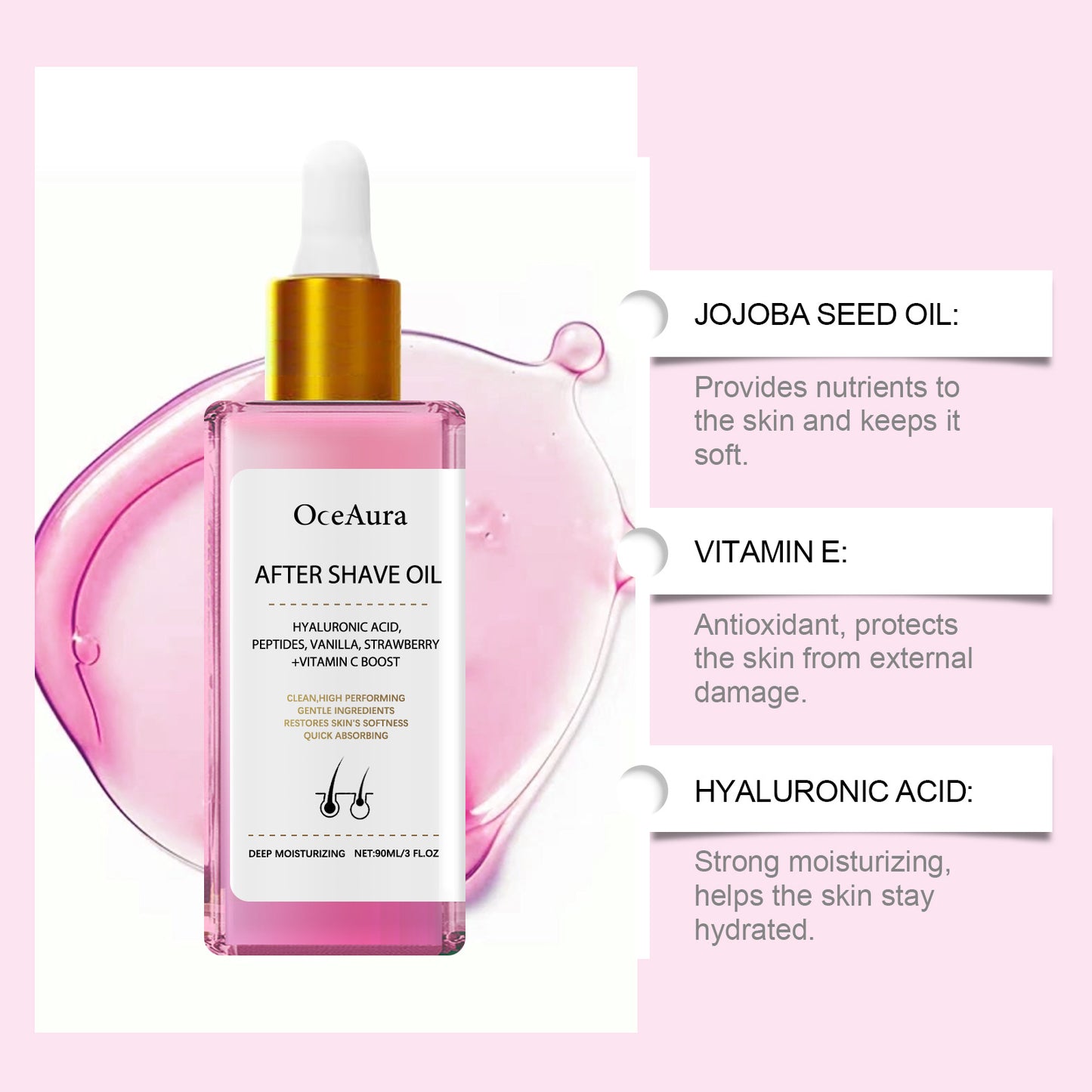 OCEAURA Strawberry-flavored hair removal and Shaving care essential oil, with its gentle ingredients, moisturizes, nourishes and soothes the ooth skin