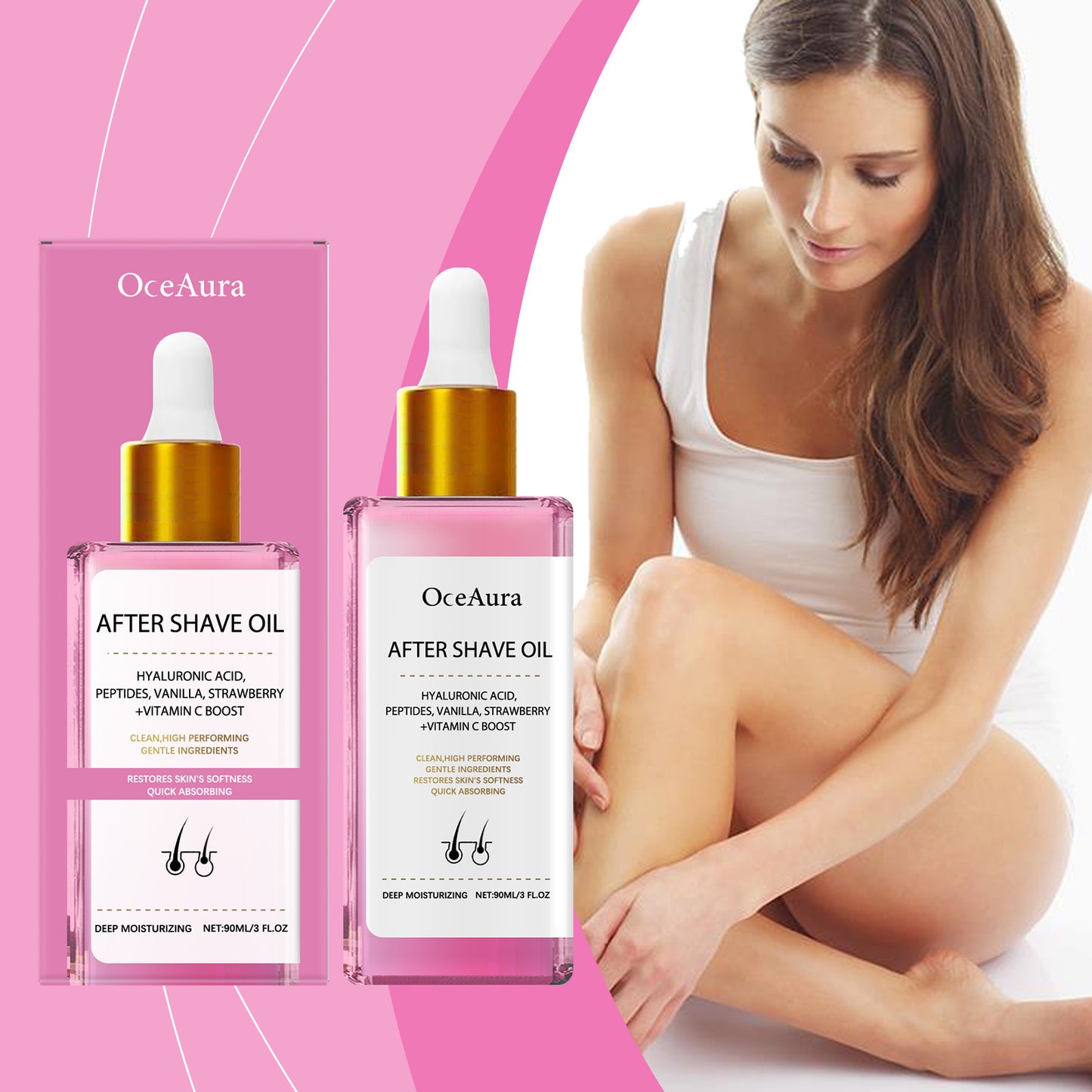 OCEAURA Strawberry-flavored hair removal and Shaving care essential oil, with its gentle ingredients, moisturizes, nourishes and soothes the ooth skin