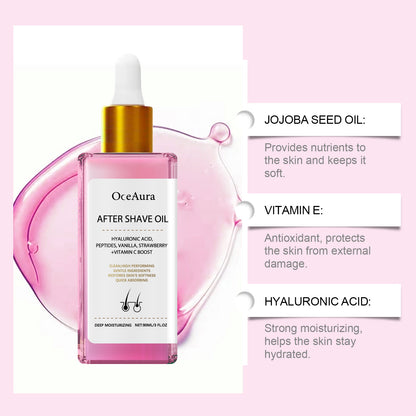 OCEAURA Strawberry-flavored hair removal and Shaving care essential oil, with its gentle ingredients, moisturizes, nourishes and soothes the ooth skin