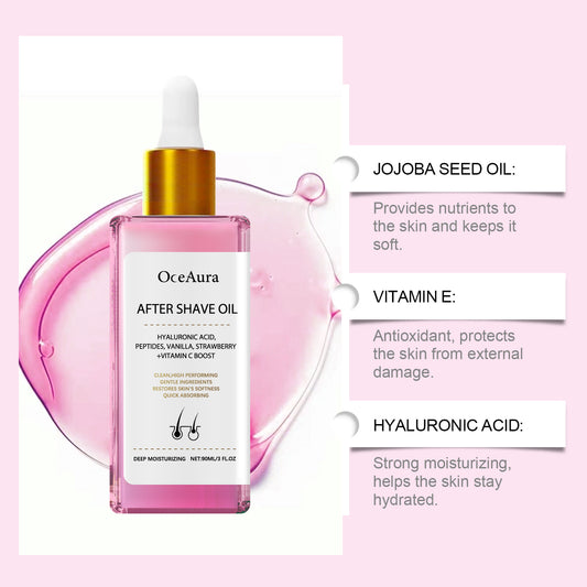 OCEAURA Strawberry-flavored hair removal and Shaving care essential oil, with its gentle ingredients, moisturizes, nourishes and soothes the ooth skin